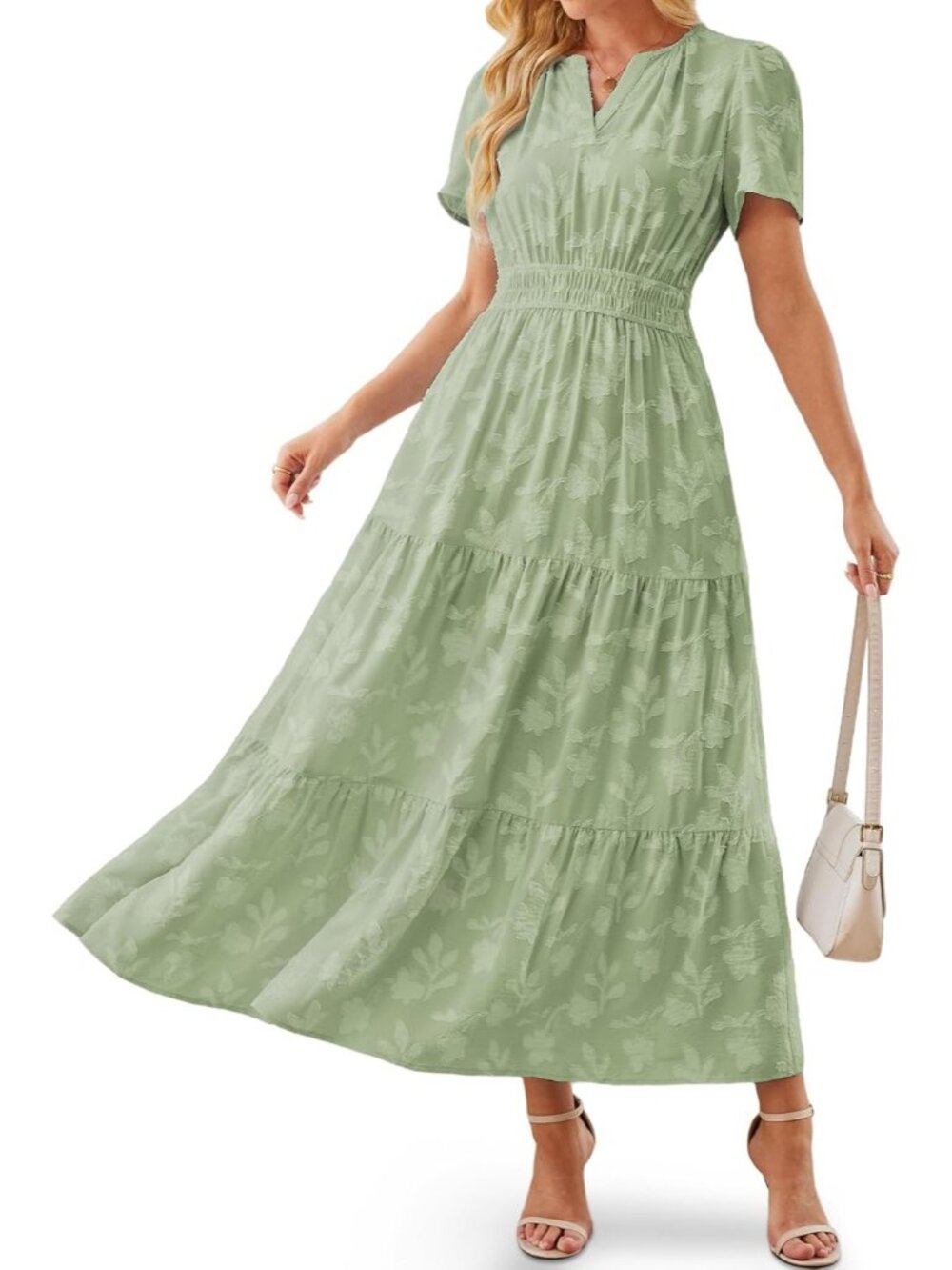 Women's Sage Green Short Puff Sleeve V Neck Smocked Waist Imported Maxi Dress